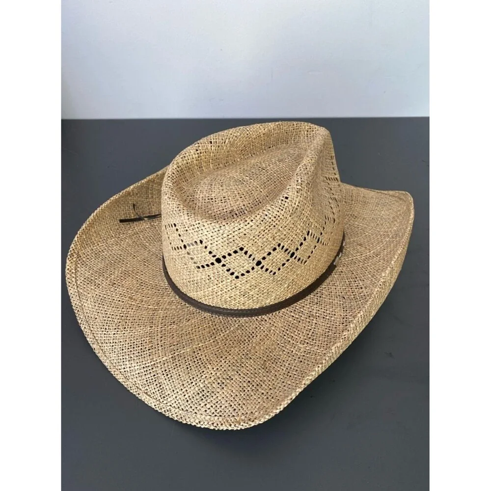 Stetson Men’s Natural Straw Cowboy Hat with Brown Leather Band Sz L Western Chic